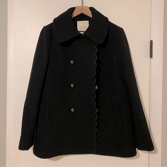 Kate Spade Scalloped Wool Peacoat Black Bow Back Out West Coat XS pink lining - Picture 5 of 9